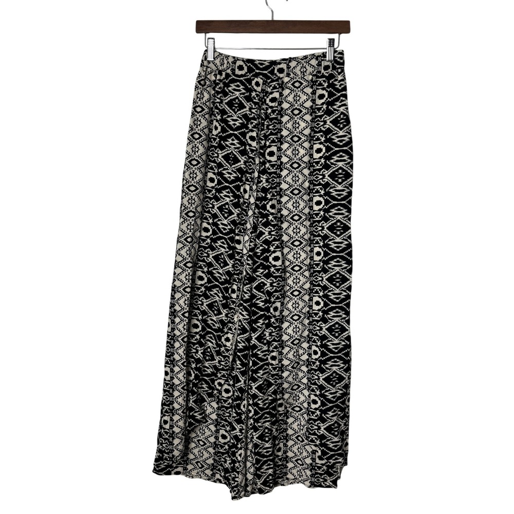 Mahina Black White Geometric Tribal Print Wide Leg Pull On Pants Womens Small